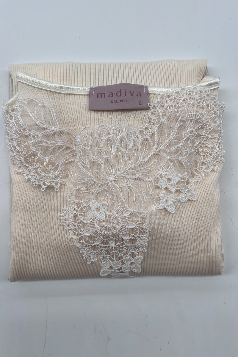 Maglia manica lunga barchetta da donna Alice- con macramè in tulle e cordonetto