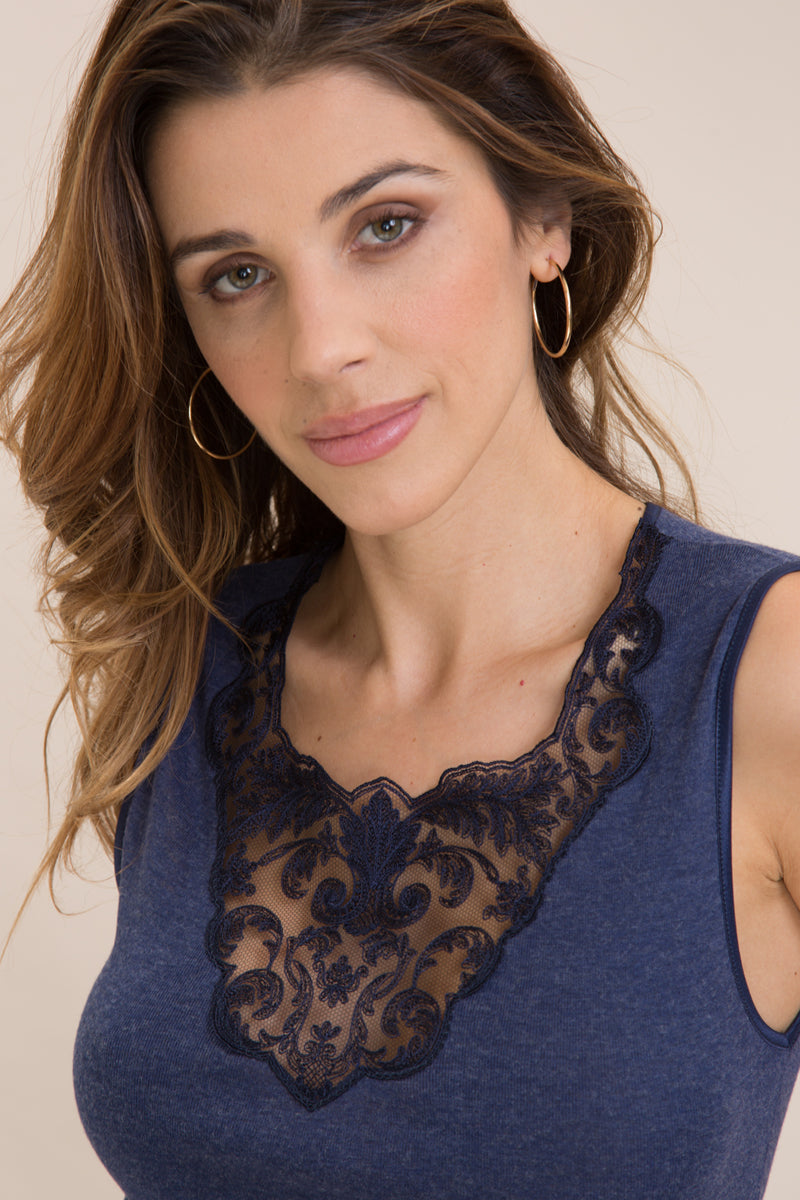 Smanicato donna Kim・Smanicato in modal lana - Inserto in tulle e macramé