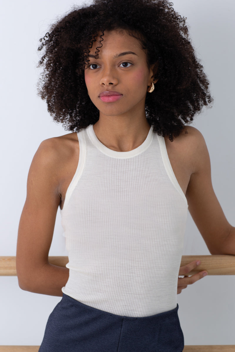 American women's vest Otti in merino wool and silk NEW - Wide American ribbed shoulder