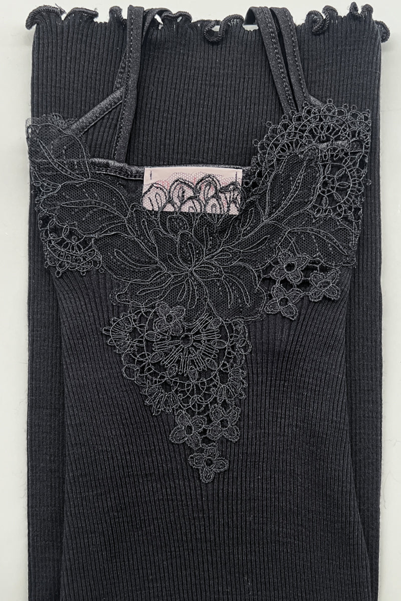 Canotta da donna Alice・Spallina in lana seta - con macramè in tulle e cordonetto