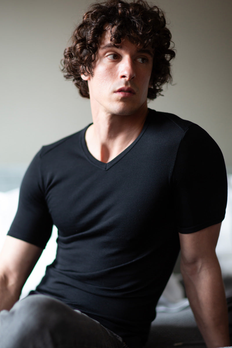 Maglietta a mezza manica da uomo Carlo in caldo cotone felpato - Scollo a V