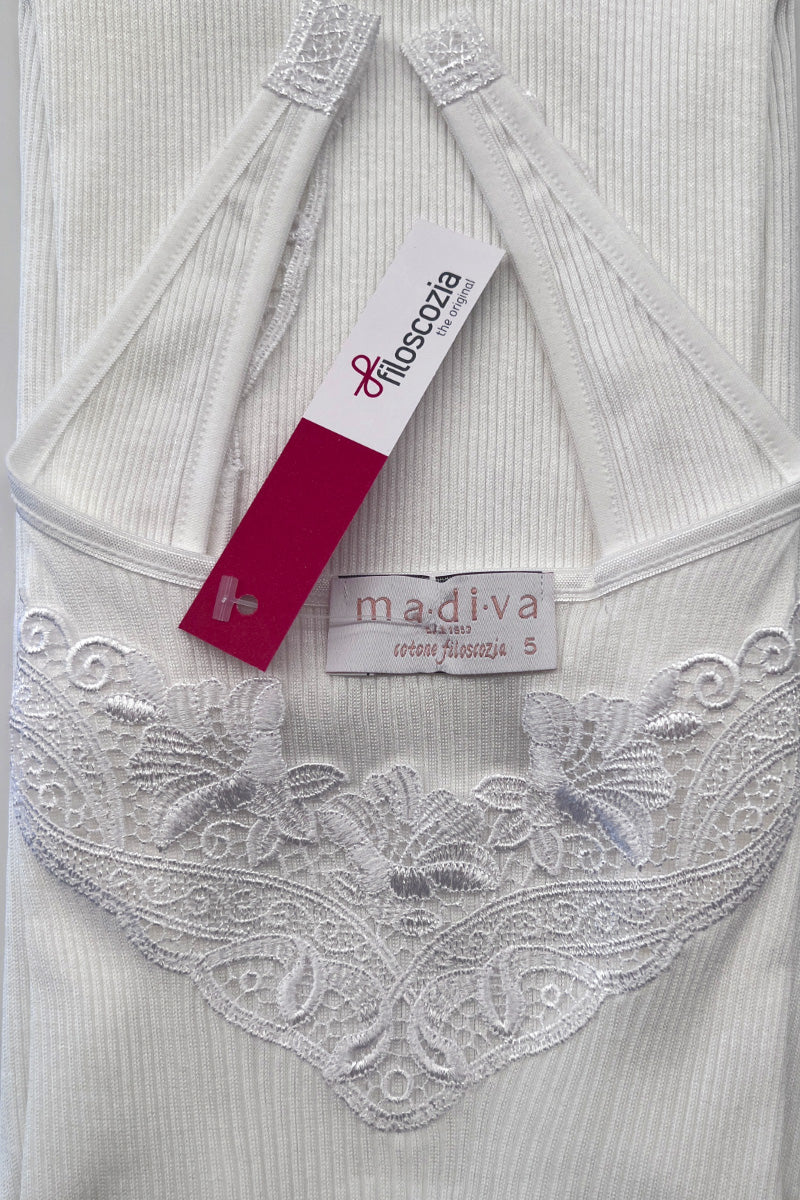 Canotta da donna DALIA in cotone filoscozia®- Spalla larga con inserto macramé e tessuto costina