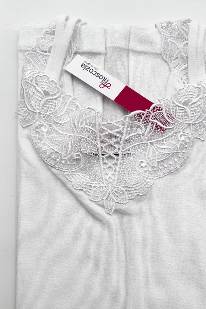 Canotta da donna EDERA in cotone filoscozia®-Spallina con inserto macramé e tessuto liscio