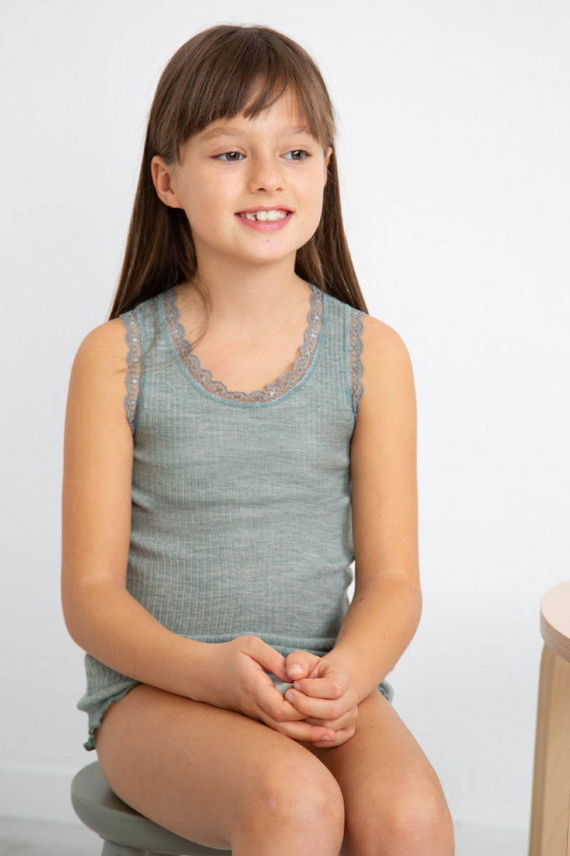 Canottina bambina Ilaria in lana seta - Spalla larga e pizzetto elastico con fiocchetto