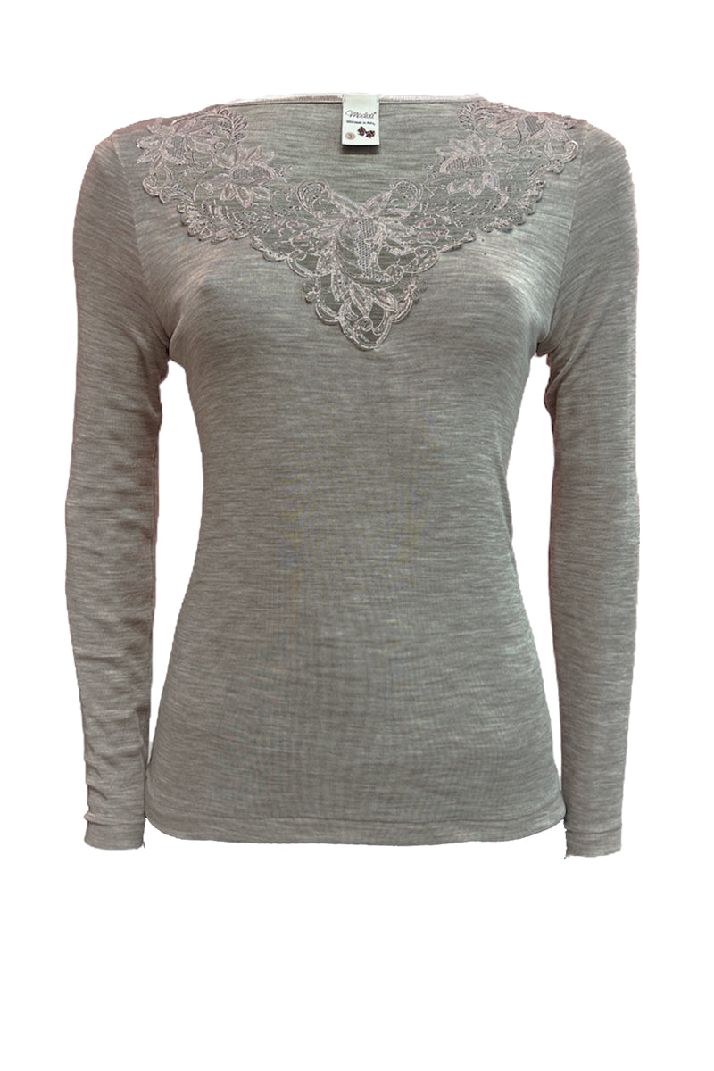 Women's Kayla sweater - in silk wool - Long sleeve and Swiss macramé