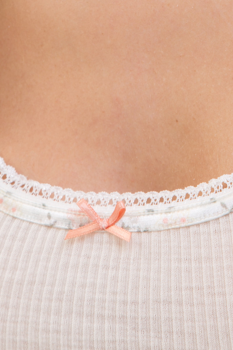 Canotta spalla stretta da donna Lili in lana merino e seta - Piega di raso con stampa floreale e puntina elastica