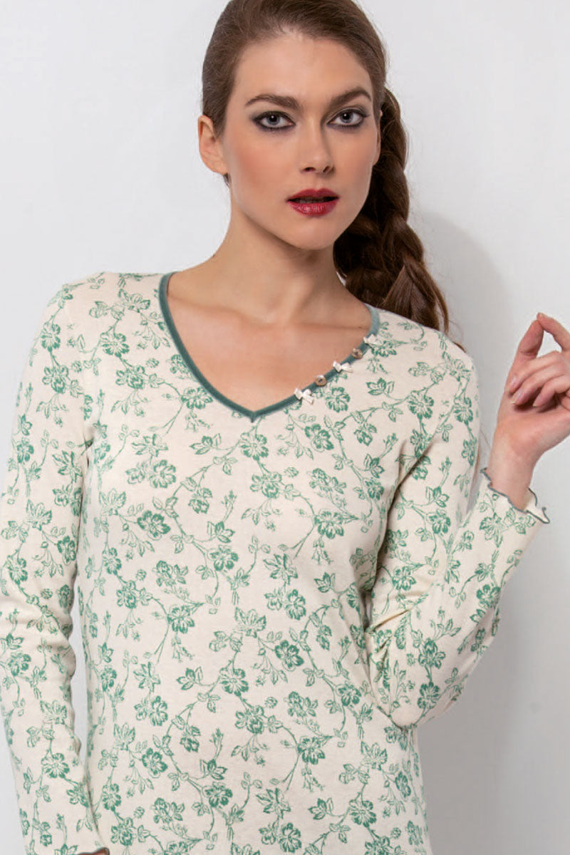 Maglia a manica lunga da donna Luisa in cotone - Disegno floreale e tessuto leggermente garzato