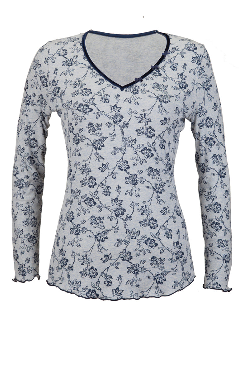 Maglia a manica lunga da donna Luisa in cotone - Disegno floreale e tessuto leggermente garzato