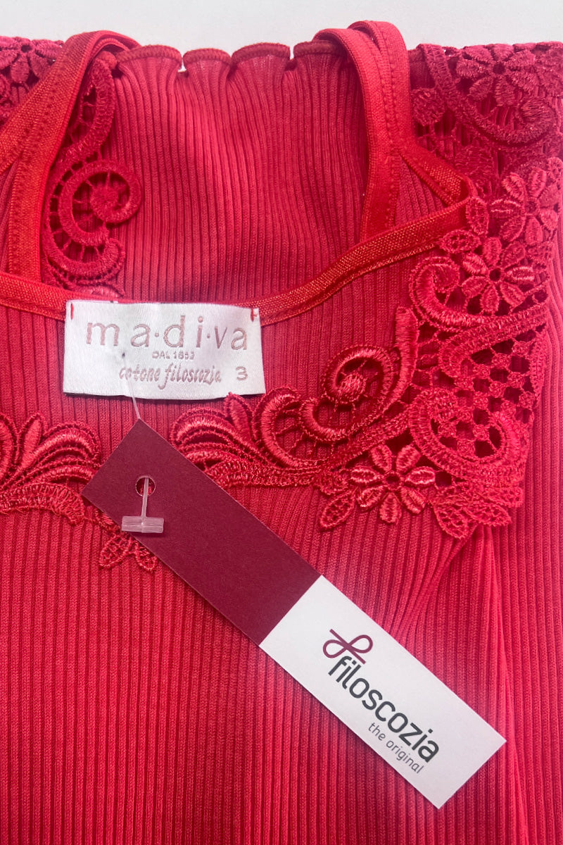 Canotta da donna MIMI in cotone filoscozia®- Spalla stetta con inserto macramé e tessuto costina ESCLUSIVA ONLINE