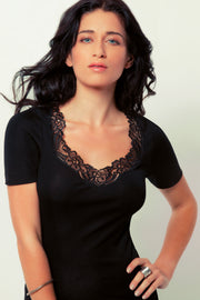 Maglietta da donna Mojito in cotone - Mezza manica con inserto macramé su tessuto liscio