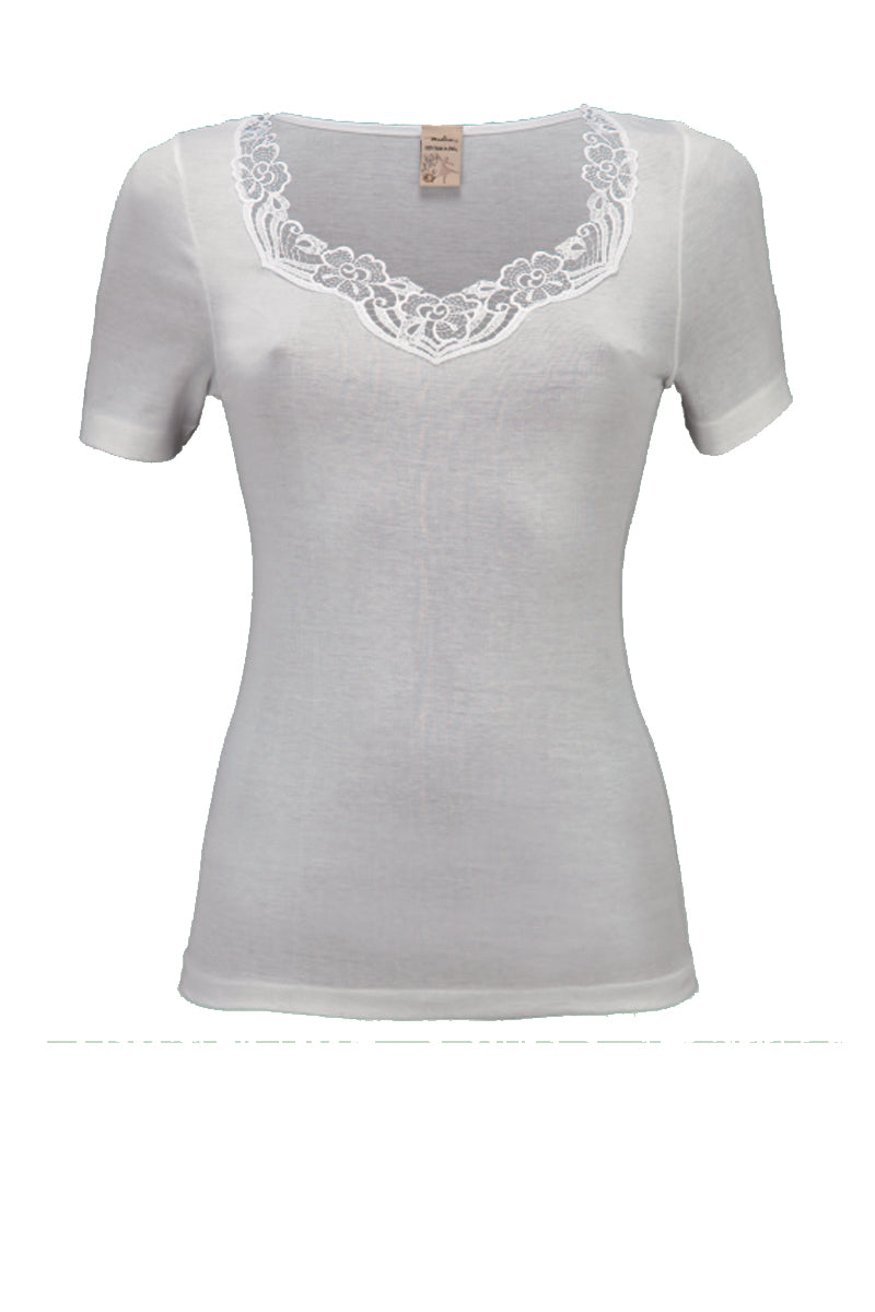 Maglietta da donna Mojito in cotone - Mezza manica con inserto macramé su tessuto liscio