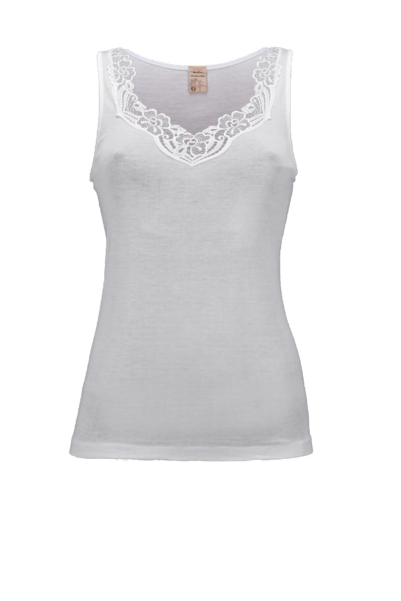 Canotta da donna Mojito in cotone - Spalla larga con inserto macramé su tessuto liscio