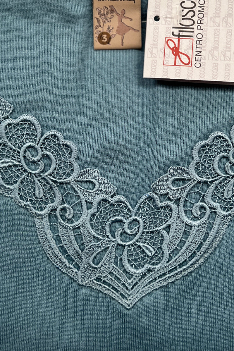 Maglietta da donna Mojito in cotone - Mezza manica con inserto macramé su tessuto liscio