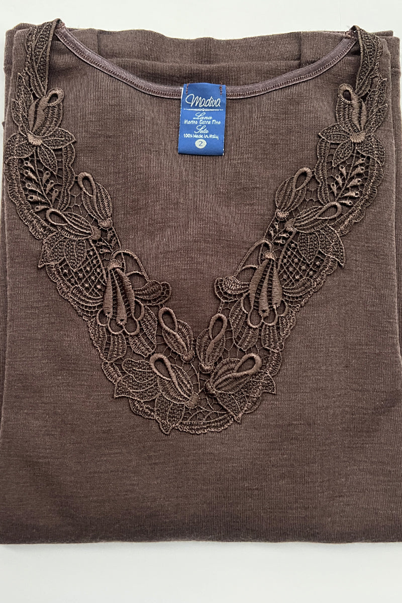 Maglia da donna Olga in lana e seta - Manica lunga avvolgente con inserto macramè ESCLUSIVA ONLINE