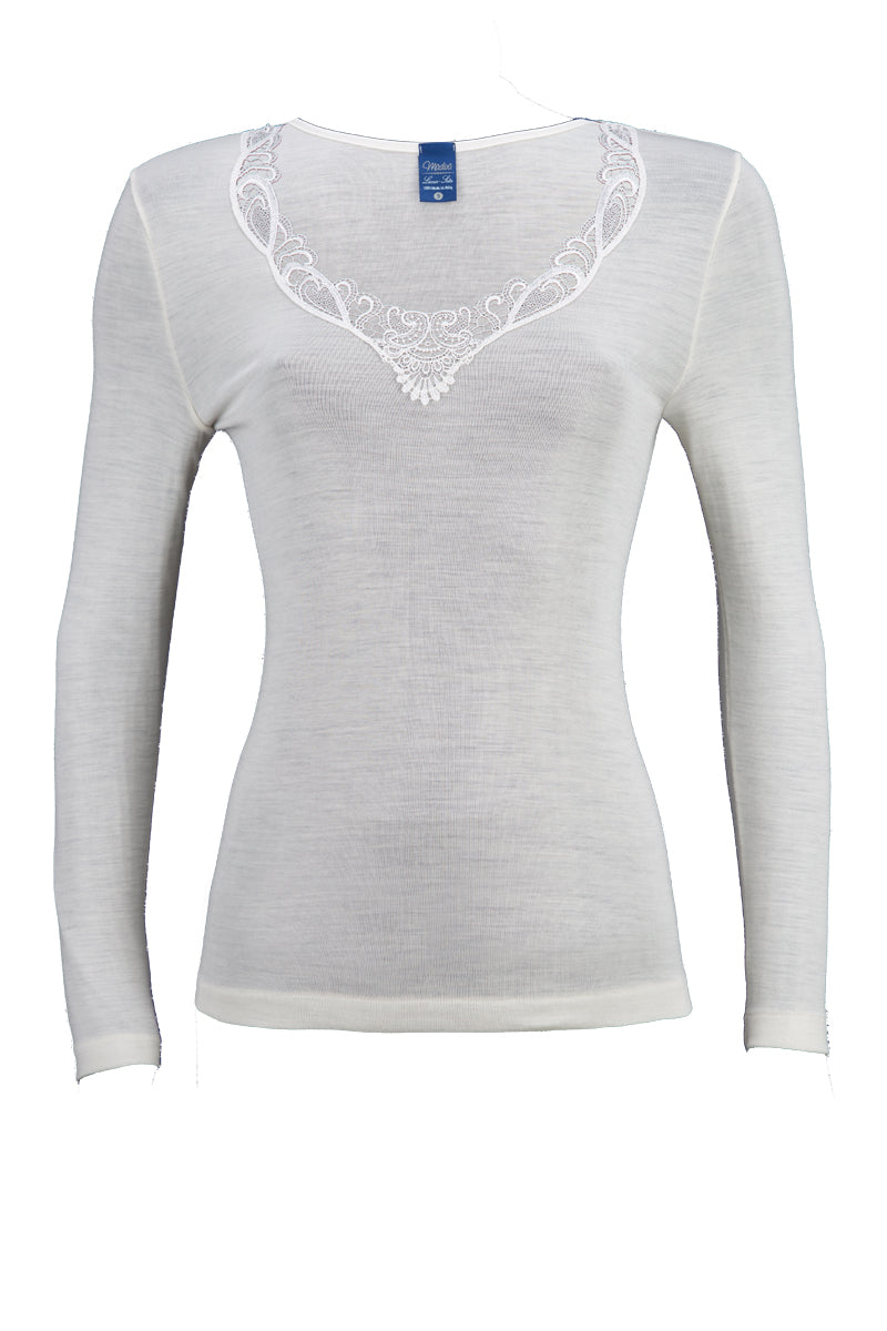 Maglia intima da donna Olga in lana seta - Manica lunga avvolgente con inserto in macramè CLASSIC