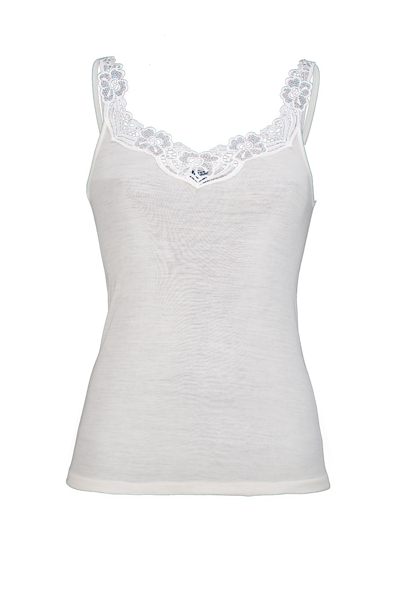 Canotta da donna Olga in lana seta - Spalla stretta con inserto macramè e avvolgente CLASSIC
