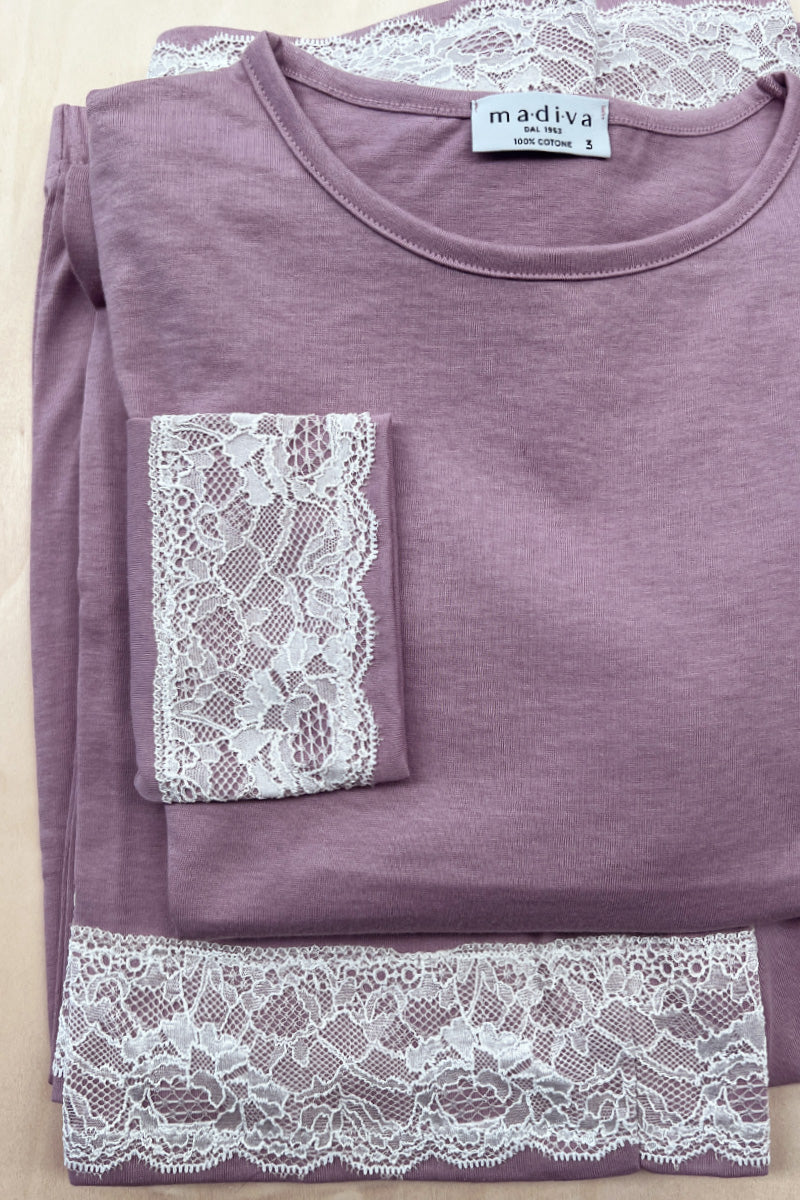 Women's pajama Mia in microfiber and wool - Enhanced with lace trim with corded edge