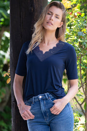Women's Positano T-shirt in micromodal - Elbow sleeve and V-neck with elastic lace