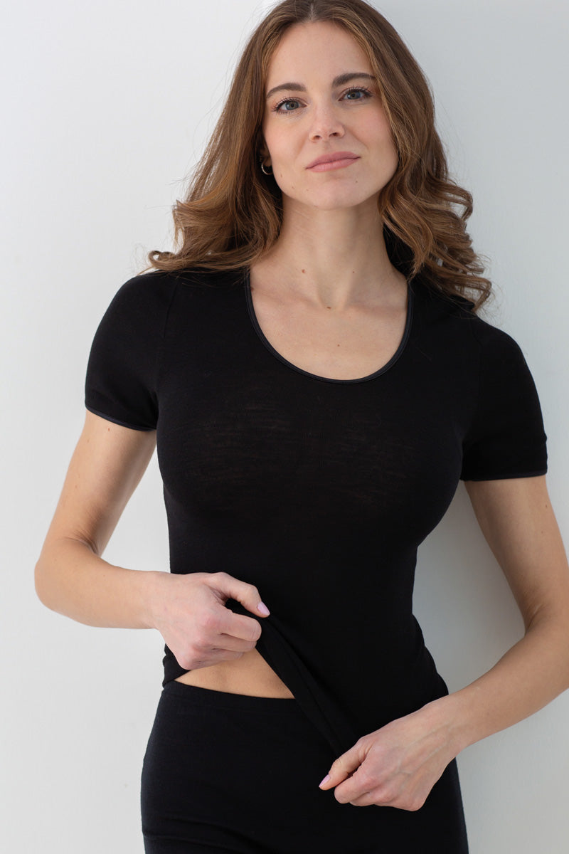 Maglietta mezza manica da donna 707 in lana seta - Mezza manica e bordo di raso CLASSIC