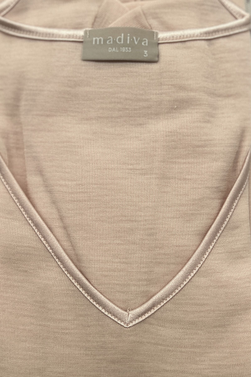 Maglietta lunga da donna Vale in lana seta - Scollo a V e bordo di raso ESCLUSIVA ONLINE