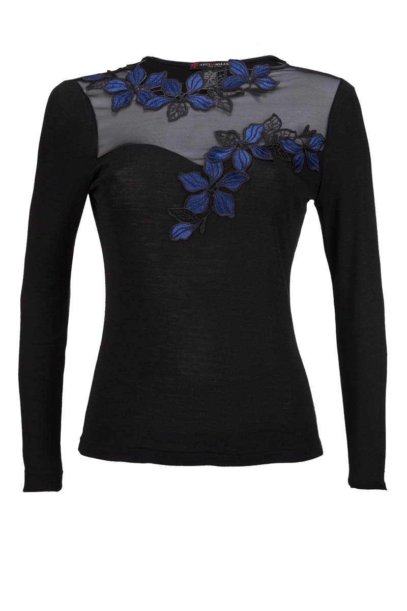 Maglia sottogiacca da donna 214 in lana seta - Girocollo e decoltè impreziosito da lista di fiori in macramè bicolore