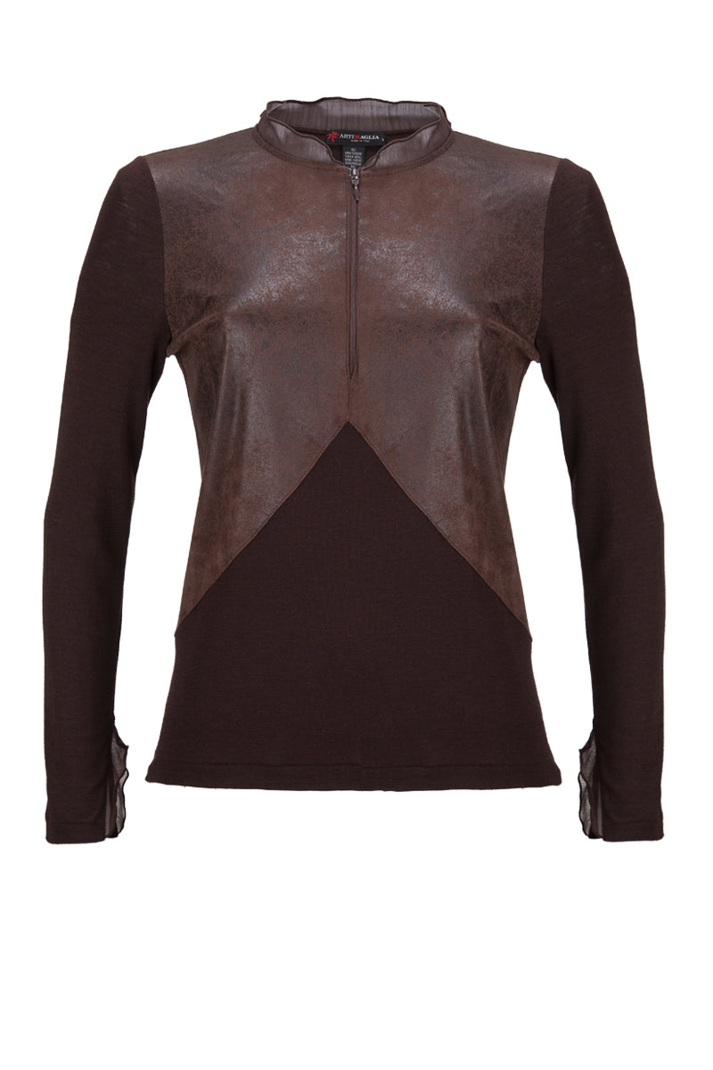 Maglia da donna 226 in lana seta e finta pelle - Girocollo rifinito con organza e apertura con zip invisibile