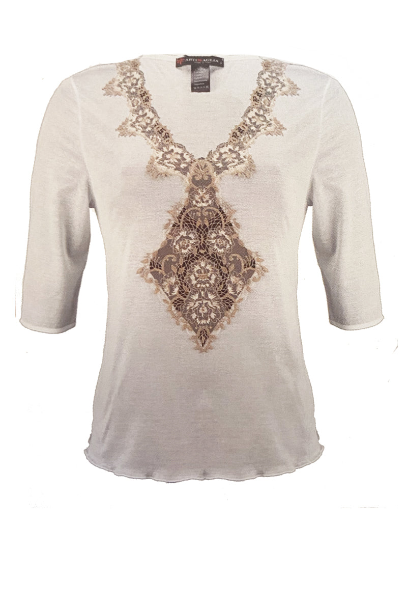 Maglia da donna 373 in jersey di cotone - Manica 3/4 con inserto in macramé