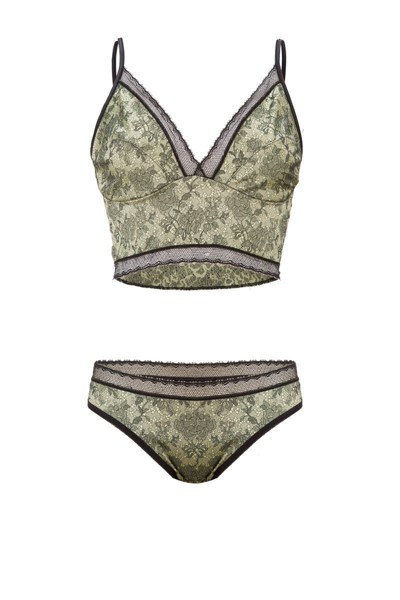 Completo intimo da donna 503 in raso - Bralette con spalline regolabili e slip in retina elastica