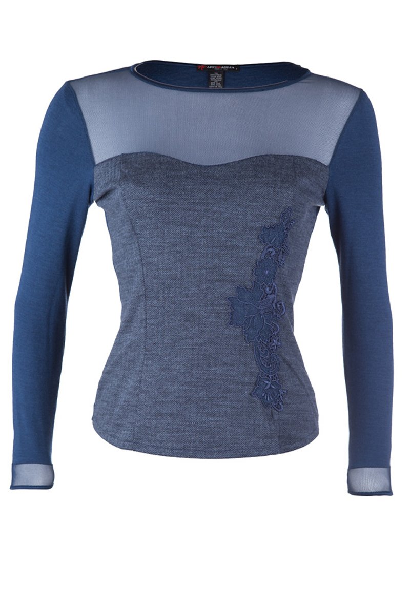 Maglia sottogiacca da donna 684 in lana seta - Davantino in tessuto maschile e applicazione macramè