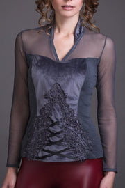 Maglia sottogiacca da donna 695 in lana seta - Manica lunga e dettagli in microrete e velluto