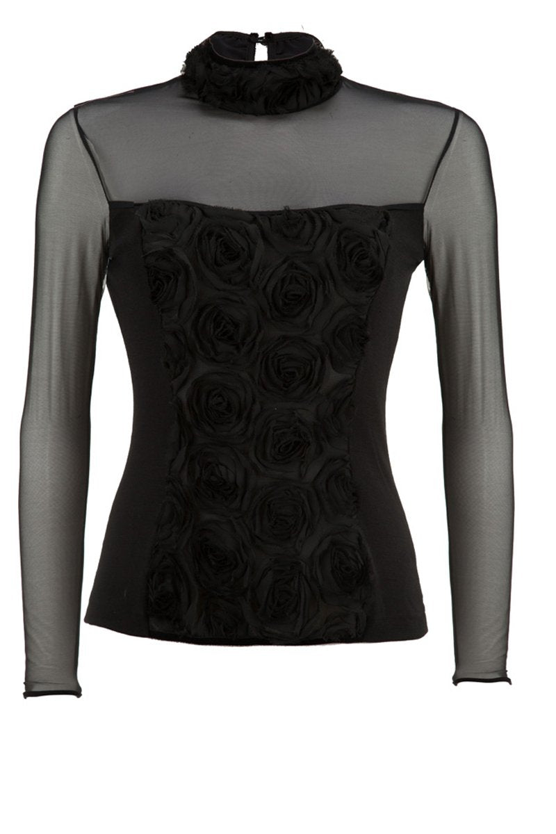 Maglia lupetto da donna 702 in lana seta - Davantino ricamato e maniche in tulle