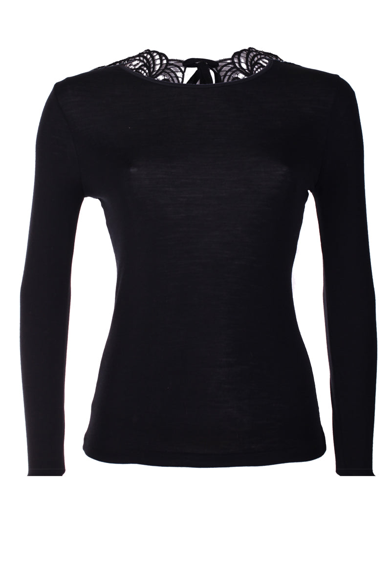 756 04 Long-sleeves wool-silk sweater with vintage-style Bischoff macramé on the bacs