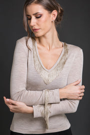 Maglia manica lunga da donna 758 in lana merino extrafine e seta - Frange in tone sur tone