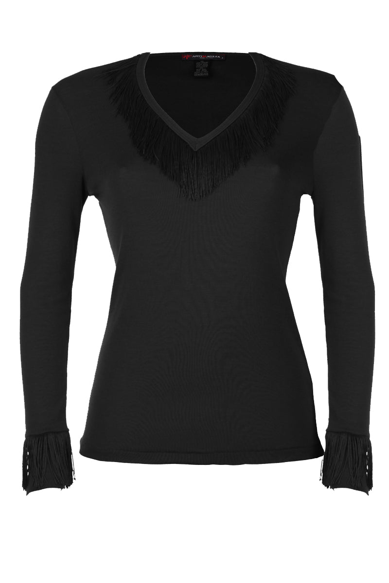 Maglia manica lunga da donna 758 in lana merino extrafine e seta - Frange in tone sur tone