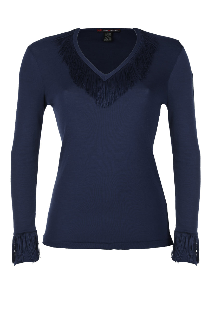 Maglia manica lunga da donna 758 in lana merino extrafine e seta - Frange in tone sur tone