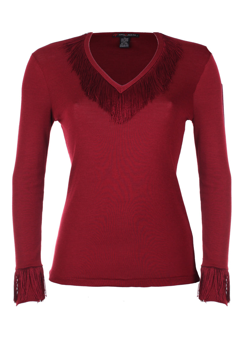 75804 Wool silk V-neck long sleeves sweater with fringes