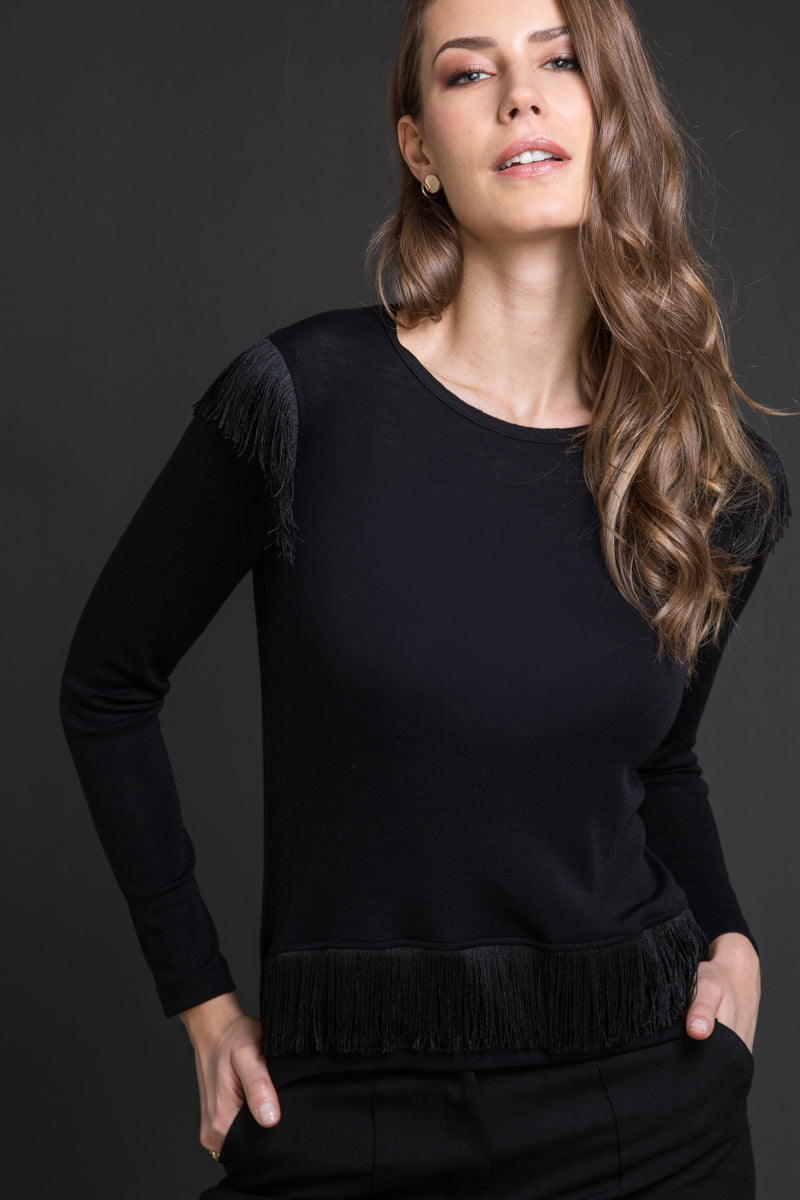 759 04 Long-sleeves wool-silk sweater with fringes