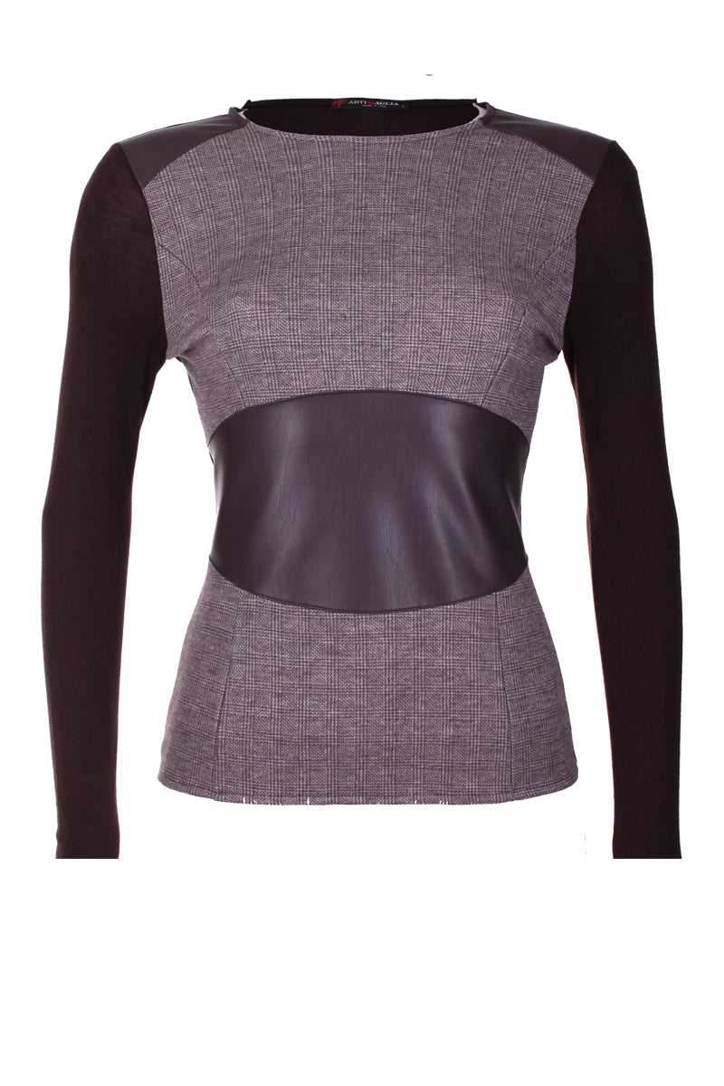 Maglia manica lunga da donna 761 in lana merino e seta - Inserti in pelle e tessuto maschile