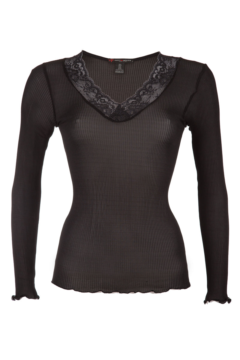 Maglia intima da donna 908 in seta - Manica lunga e scollo a V con balza di pizzo