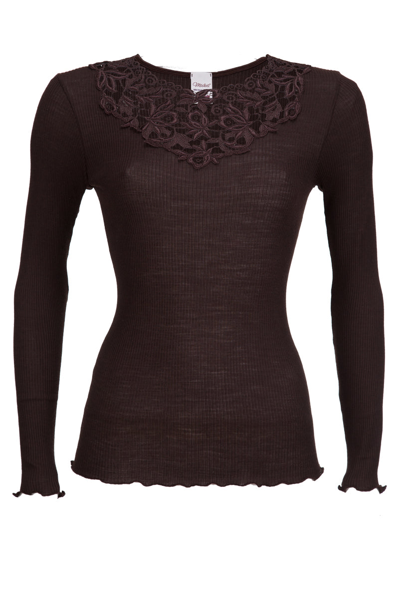Adele long-sleeve neckline - Ribbed Wool Silk with Macramé