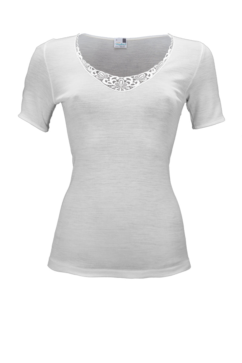 Maglietta da donna Allegra in lana - Raffinata ed elegante con inserto macramè che varia ogni stagione