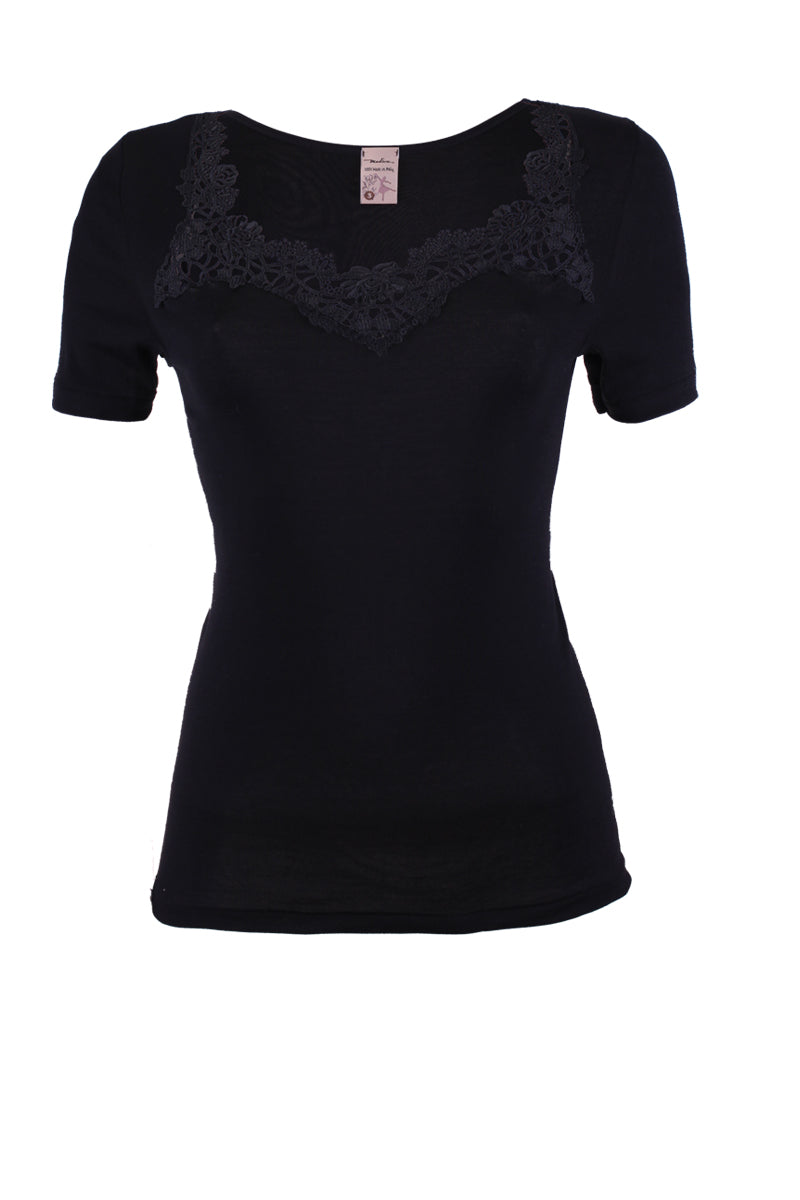 Maglietta da donna Cleveland in cotone - Mezza manica con inserto macramé su tessuto liscio