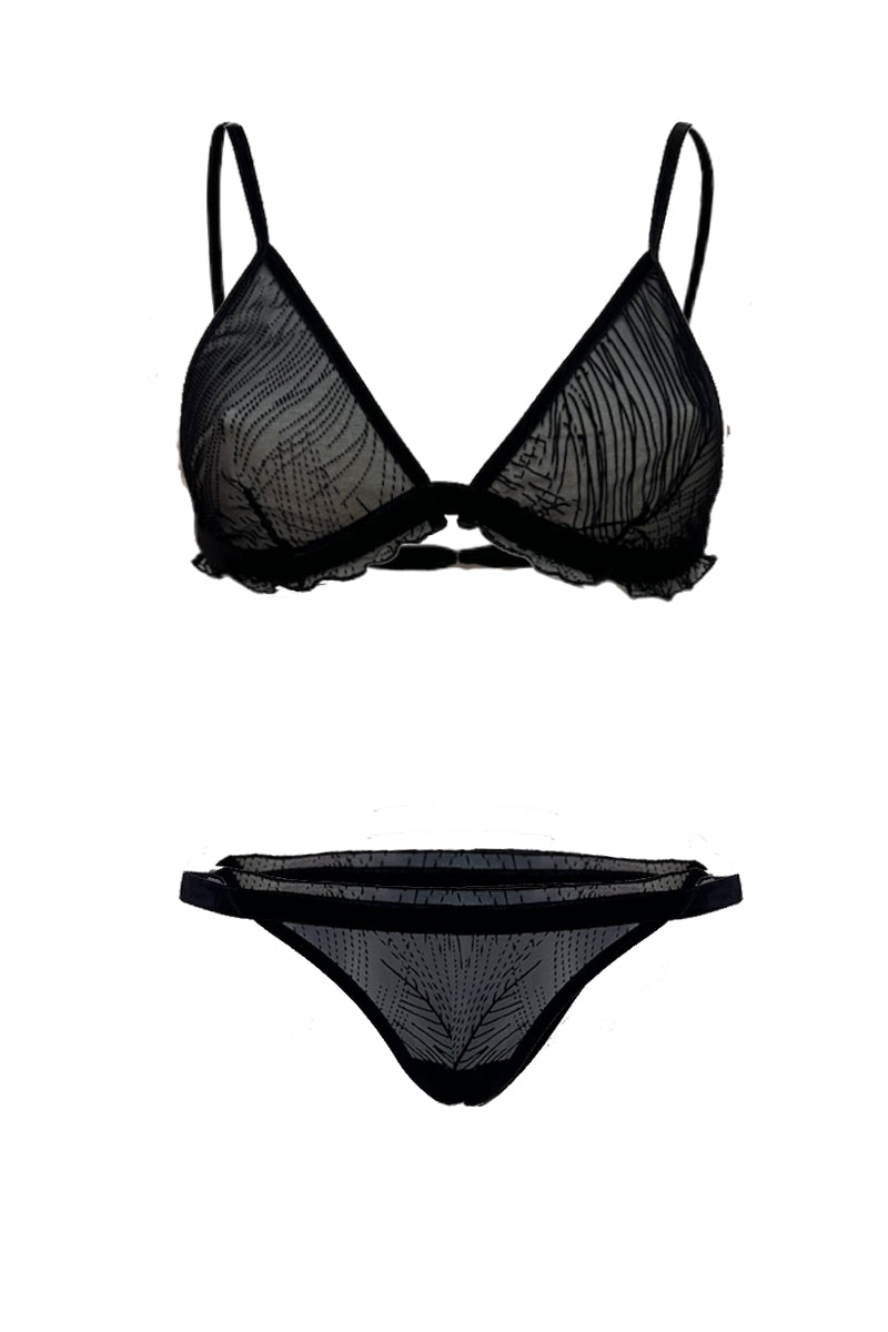 Completo intimo da donna Eva in tulle elasticizzato - Bralette con spalline regolabili e slip in velluto elastico
