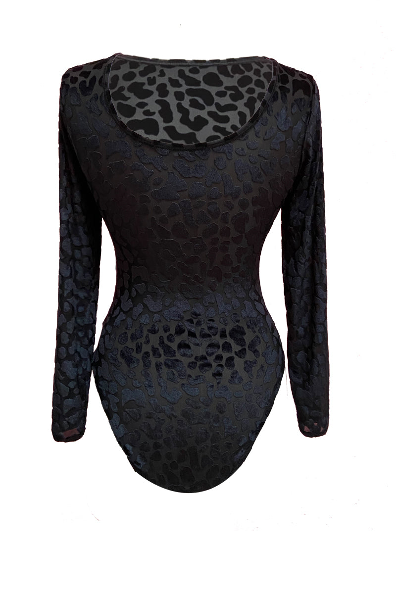 Body da donna Lucrezia Velvet in tessuto elastico - Scollo più profondo sulla schiena e effetto devoré leopardato