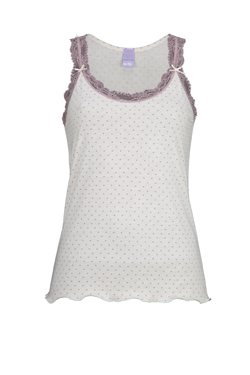 Canotta da donna Oslo in cotone - Leggero pattern di pois e pizzettino romantico sul giromanica