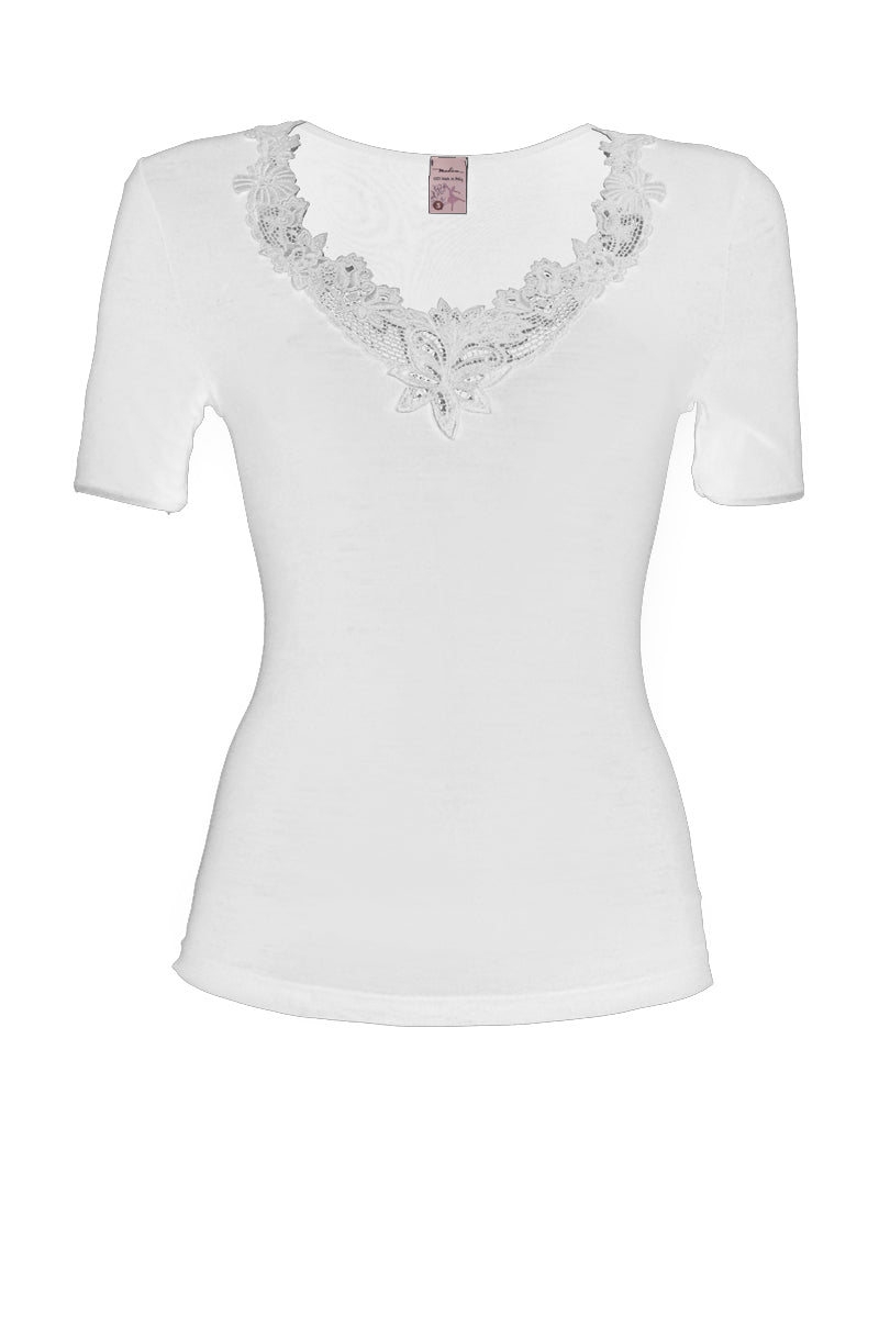 Maglietta donna Sun in cotone filoscozia - Mezza manica con inserto macramé